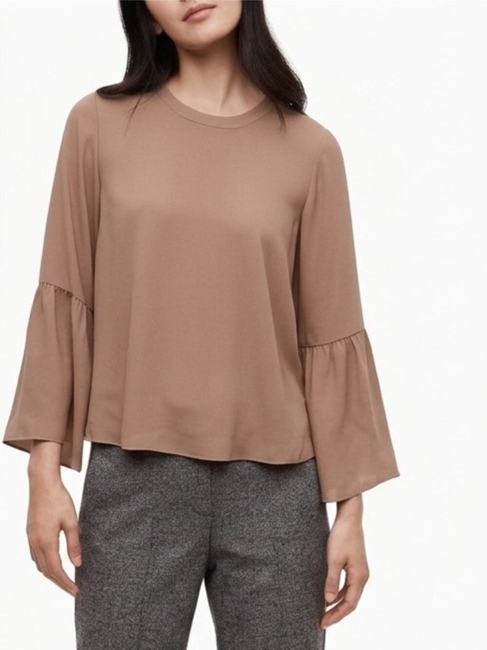 Aritzia Wilfred Launay Blouse Brown Bell Sleeve Flowy Silk Trim, Crepe, size XS